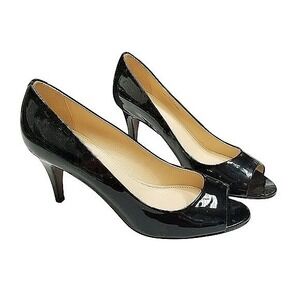 J. Crew Drea Black Patent Leather‎ Peep Toe Pumps Heels 8 Classic Minimalist